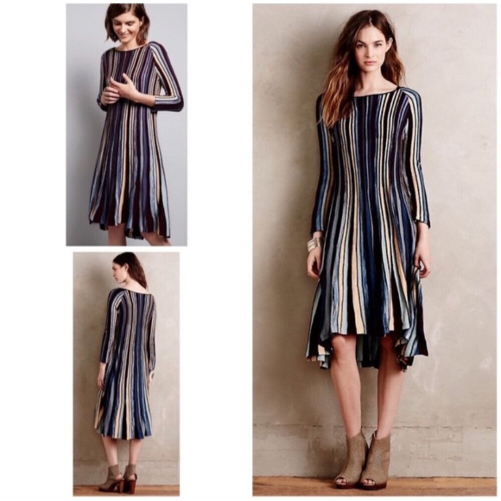 Anthropologie‎ Moth Nora Dress Vertical Striped Lines Boho Cottage Midi XXS